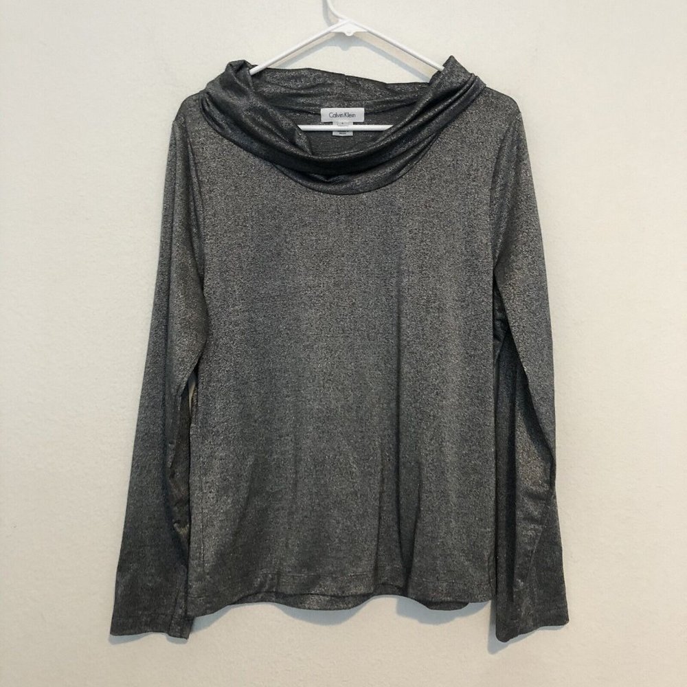 Vintage Calvin Klein Y2K Metallic Silver Long Sleeved Top Cowl Neck Women Large